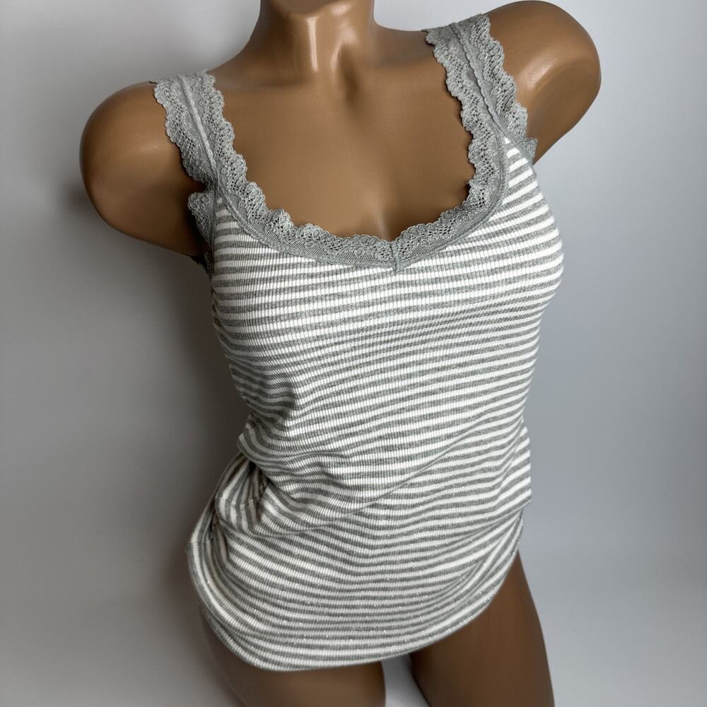 Uniqlo Gray Stripe Glittery Ribbed Lace Trim Tank Top M Y2K Coquette Cami